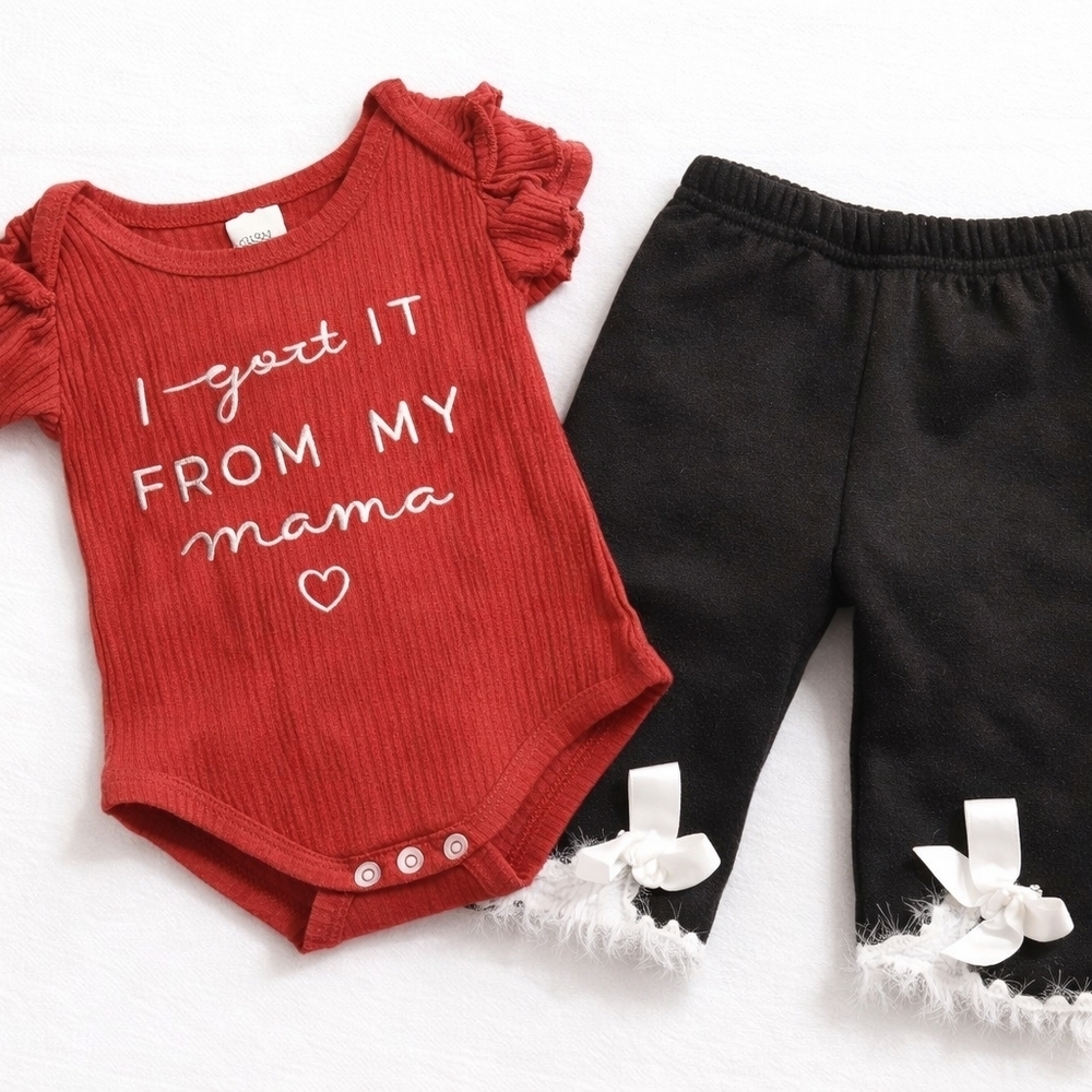 Baby Girl Outfit Bundle 3–6M | Red “I Got It From My Mama” Top & Winter Pants